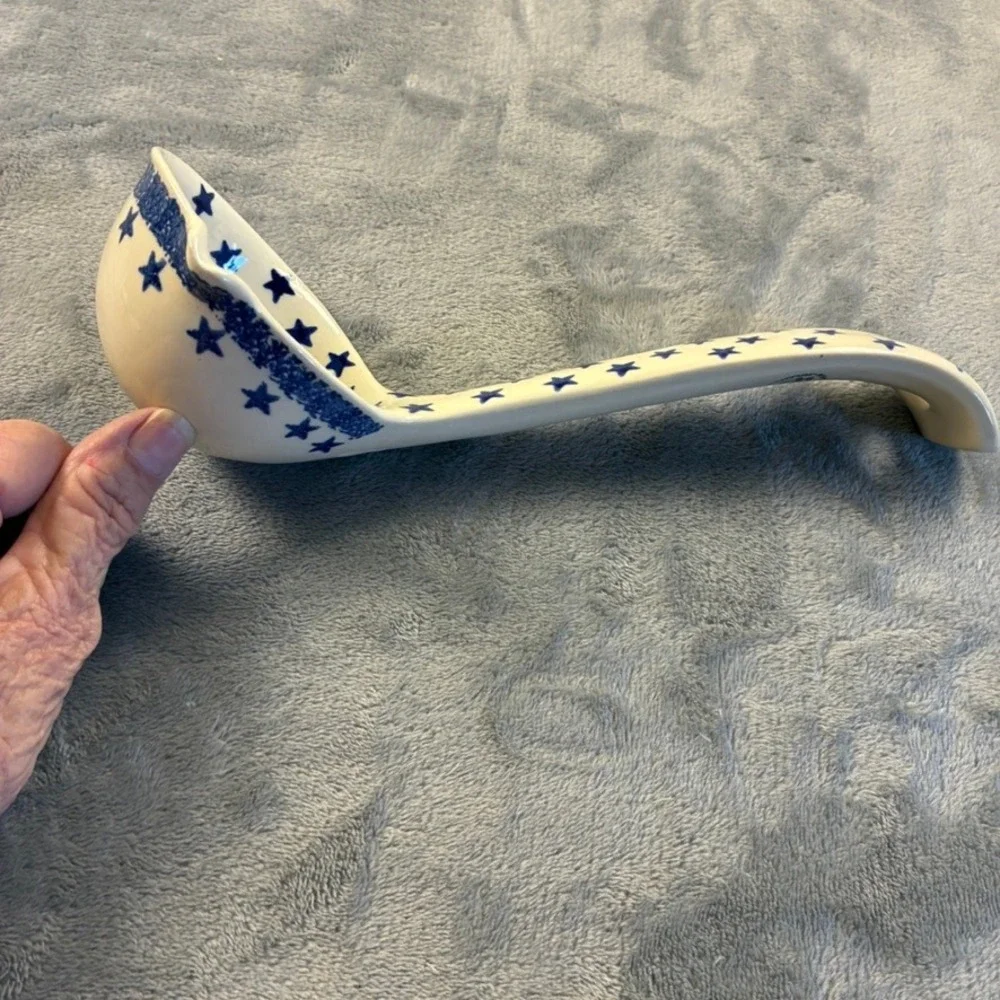 Poland Hand Made Polish Pottery Ladle Blue Rose Pattern Pour Spout 9.5in